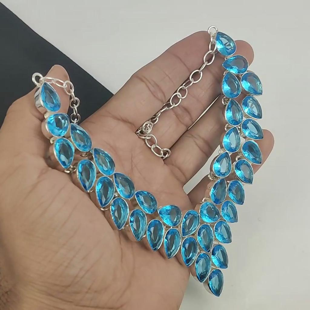 Swiss Blue Topaz Gemstone Handmade 925 Sterling Silver Necklace, Swiss Blue Topaz Silver Necklace For Wife, Unisex Necklace, Gift For Wife