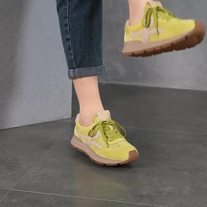Johnature Atmungsaktives Mesh-Spleißen aus echtem Leder für Sport und Freizeit, rutschfeste Damenschuhe mit weicher Sohle