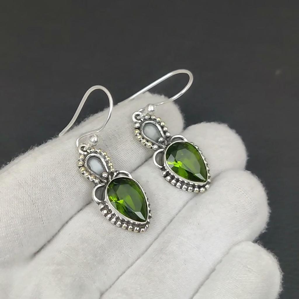 Dainty Peridot Gemstone Earrings, 925 Sterling Silver Earring, Handmade Boho Silver Jewelry Dangle Earrings, Wadding Gifts For Wife