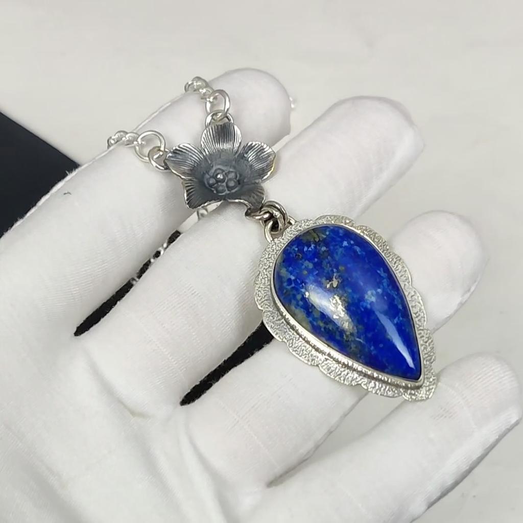 Natural Lapis Lazuli Gemstone Handmade 925 Sterling Silver Electroform Flower Necklace, Lapis Lazuli Silver For Wife Unisex Pendant Party Wear Gifts