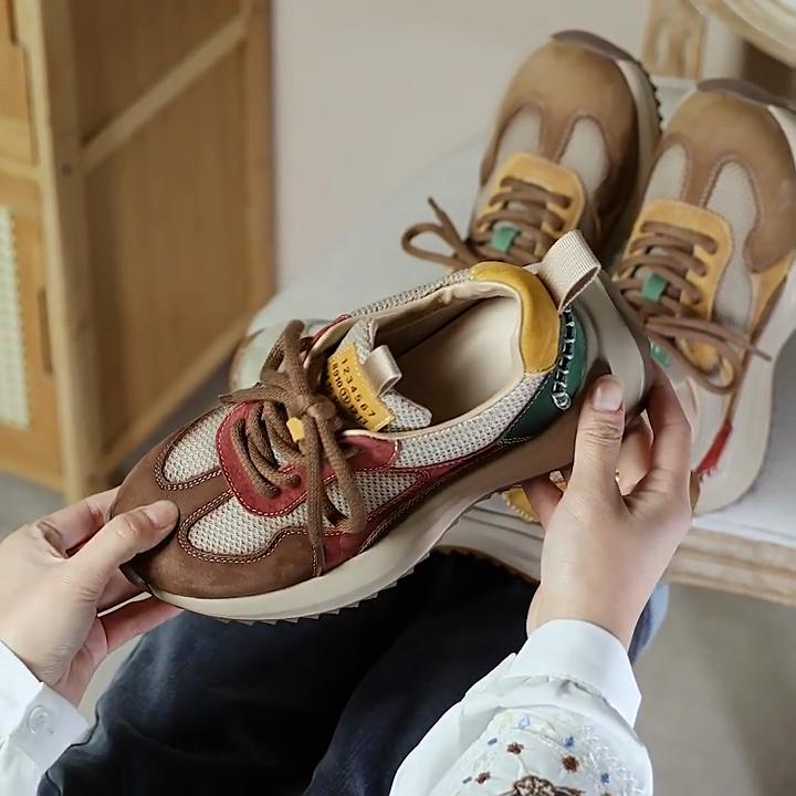 Johnature Mesh Splicing Genuine Leather Breathable Women's Shoes Thick Sole Mixed Colors Casual Sports Shoes