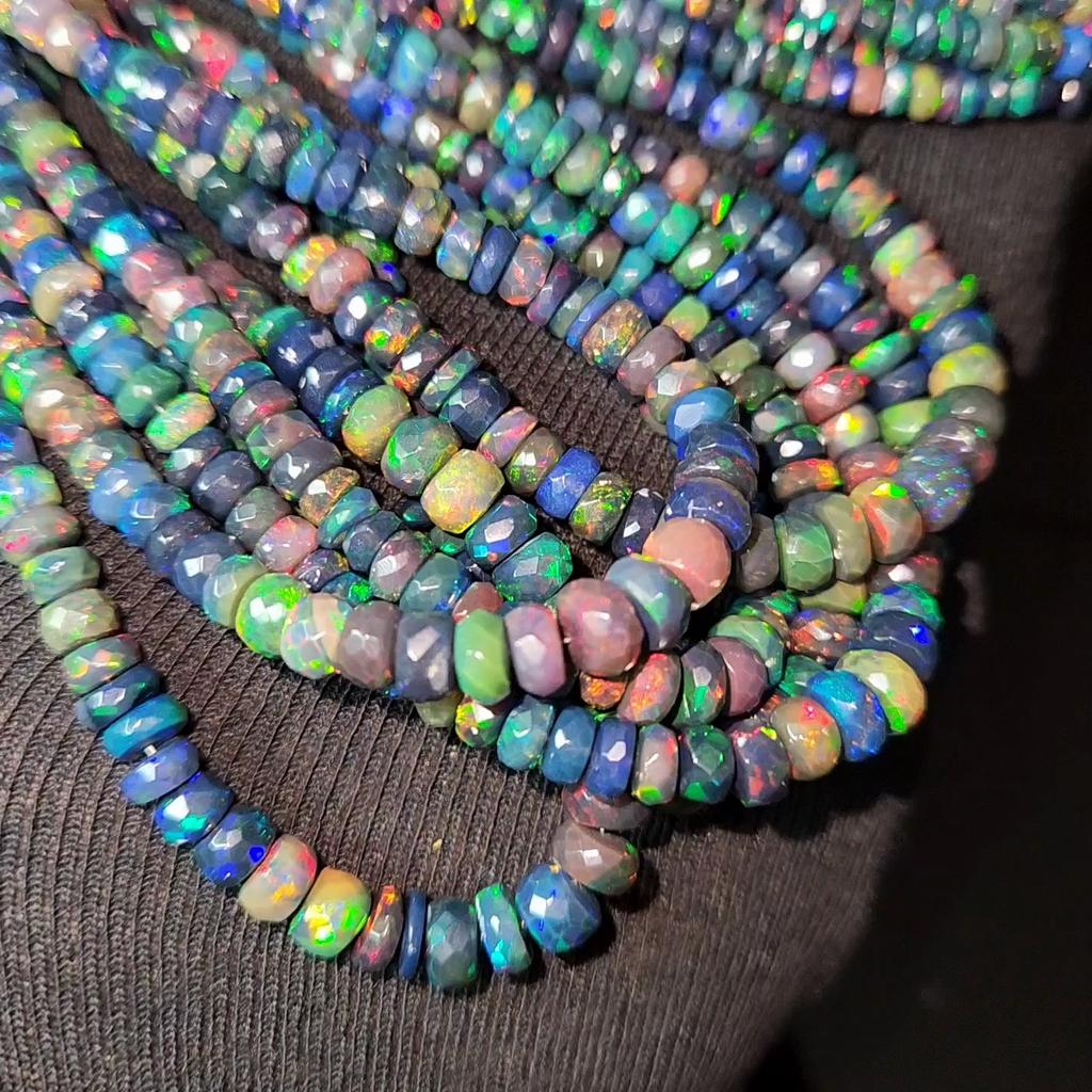 Faceted Rainbow Flashy Rondell Ethiopian Opal Beads, Healing Black Faceted Strand.