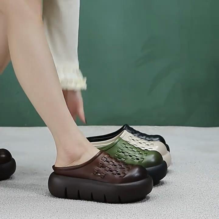 Johnature Cowhide Retro Thick Soled Round Toe Outdoor Slippers Hand Woven Versatile Women's Slip-on Shoes