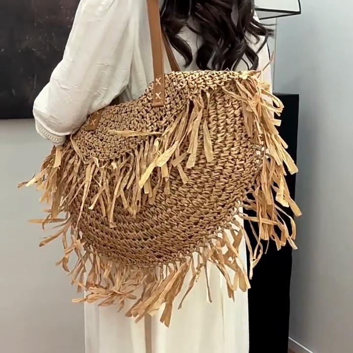 Damen Stilvolle Strick-Schultertasche mit Quaste Ausgehöhlte Flechttasche Verschleißfest Handgewebte Strandtasche Shopper Totes