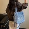 Vintage Embroidered Denim Tote Bag for Women Large Capacity Casual Shoulder Handbag