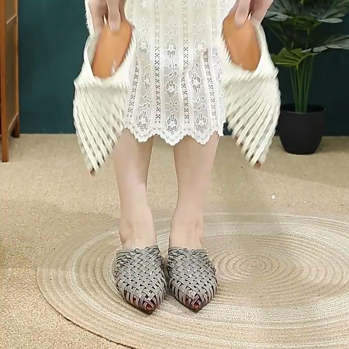 Johnature Handmade Weaving Pointed Toe Low Heel Slippers Breathable Fashion Genuine Leather Women's Shoes