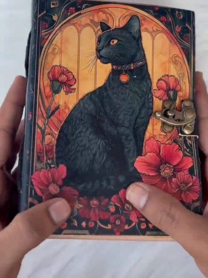 Mystic Black Cat Book | Handmade Vintage Leather Notebook | Witchy Grimoire | Gothic Writing book with Lock | Blank spell book of shadows