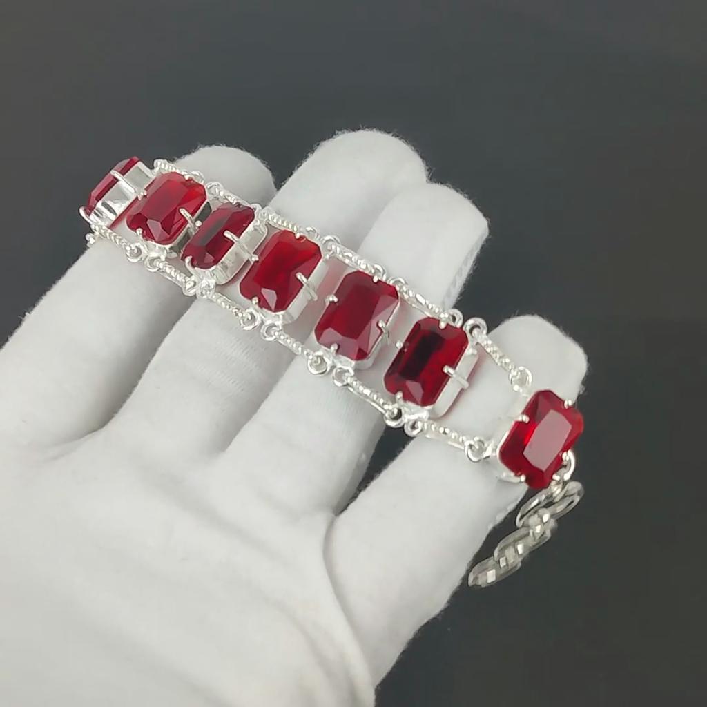 Pulsera de Granate Rojo Facetado Plata de Ley 925 Joyería Pulsera de Cadena Ajustable Gema Forma Cojín Joyería Hecha a Mano Regalo Para Ella