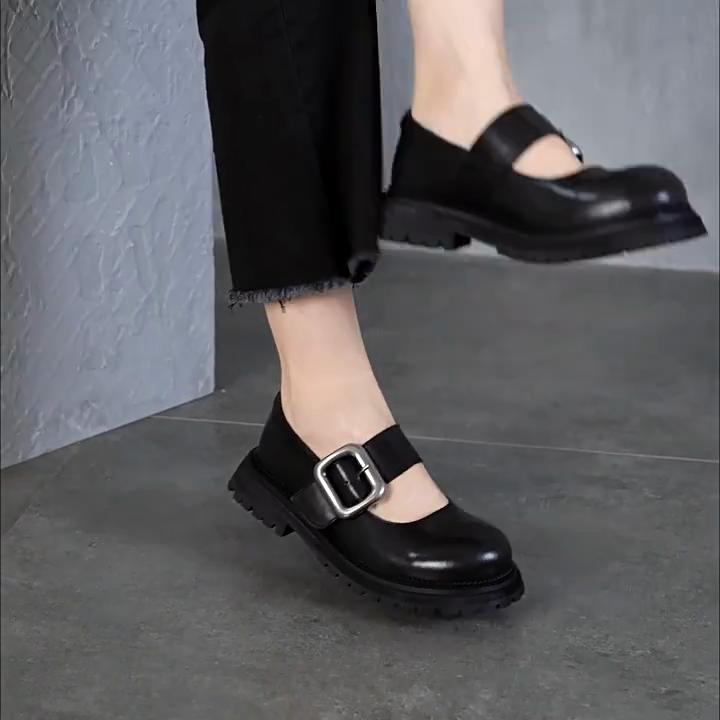Johnature Fashion Versatile Metal Buckle Round Toe Thick Sole Mary Janes Shoes Genuine Leather Women's Shoes