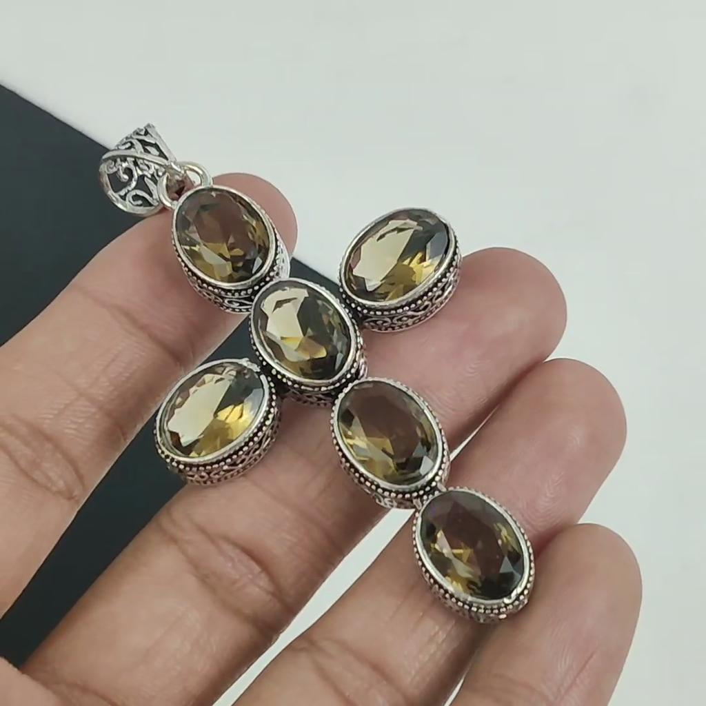 Pandantiv cu Piatră Prețioasă Topaz Fumos Argint Sterling 925 - Design Cruce Făcut Manual, Bijuterii de Purtat Zilnic, Pandantiv Unic cu Topaz Fumos pentru Petrecere, Cadou
