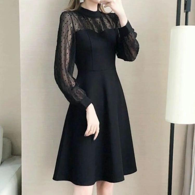 Frühling Sommer Schwarz Spitze Patchwork A-line Robe Femme Langarm Vintage Elegante Mode Übergroßen Kleid Frauen Casual Vestido
