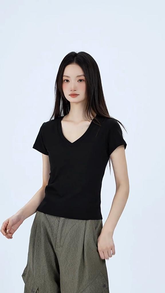 Women's Spring Summer Casual Sexy V-Neck Slim Fit Short Sleeve T-Shirt