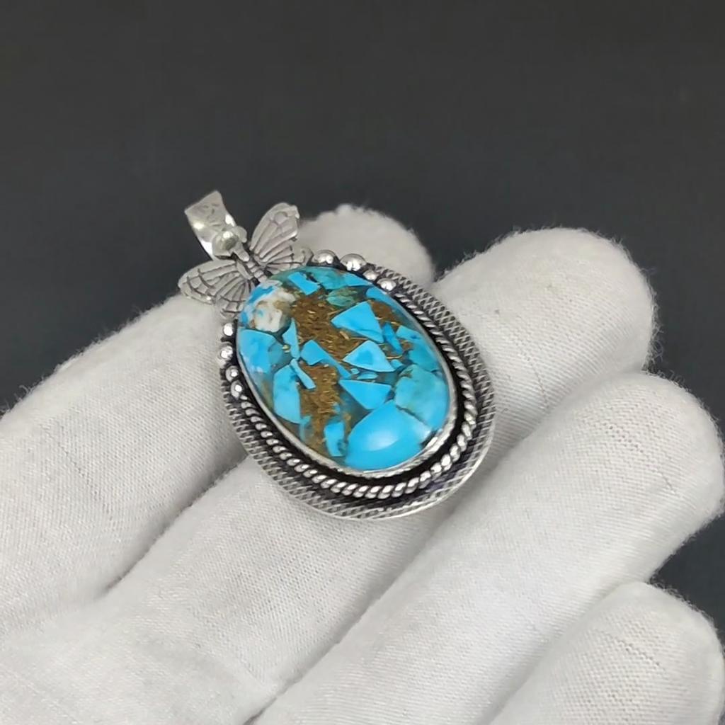 Pandantiv Argintiu cu Piatră Naturală Turcoaz Cupru Albastru din Argint Sterling 925 - Design Fluture Realizat Manual, Bijuterie de Purtat Zilnic, Cadou Pandantiv Unic