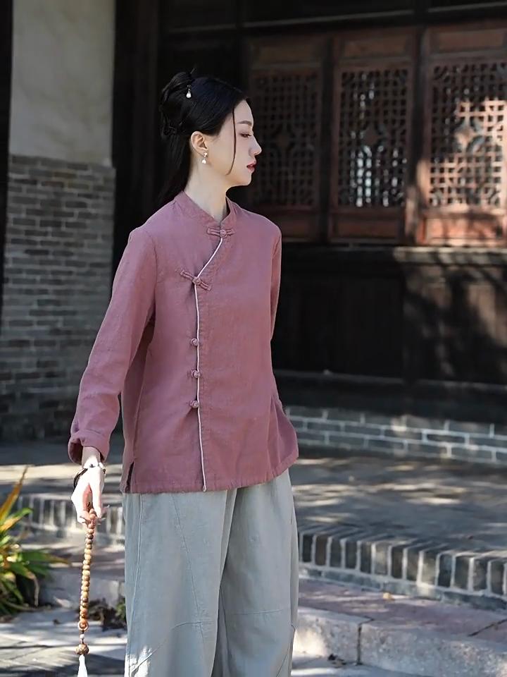 Johnature Women Vintage Shirts Tops Spring Chinese Style Solid Color Stand Button Long Sleeve Shirts