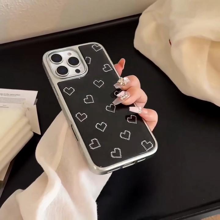 Hochwertiger galvanisierter Rahmen, einfache kleine Liebeshülle für iPhone 16 Pro Max 15 14 Plus 13 12 Pro 11, Acryl-Fallschutzhülle