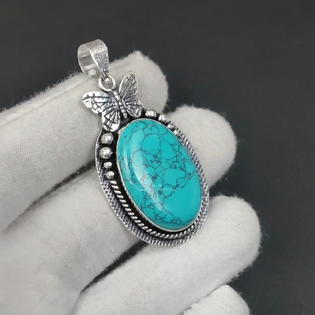 Natürlicher Türkis Edelstein Silber Anhänger aus 925 Sterling Silber - Handgemachtes Schmetterlingsdesign, Alltagsschmuck, Einzigartiger Anhänger Ostergeschenk