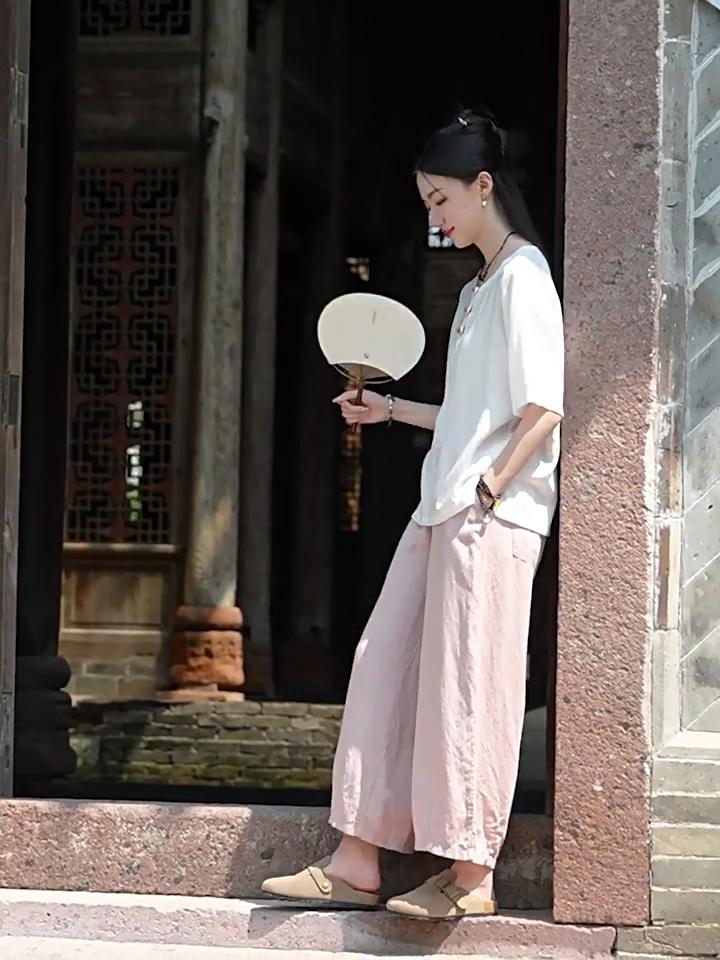 Johnature Women Vintage Solid Color T-Shirts O-Neck Short Sleeve Summer Button Loose Women T-Shirts