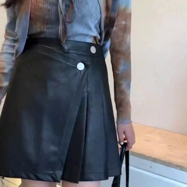 Summer Leather Skirts Women Korean Fashion Vintage OL PU Short Skirt Ladies Casual High Waist Pleated A-line Mini Skirt