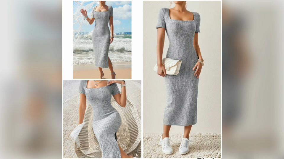 Summer Square Neck Mid Length Skirt Dress Pullover Short Sleeve Versatile Knit Slit