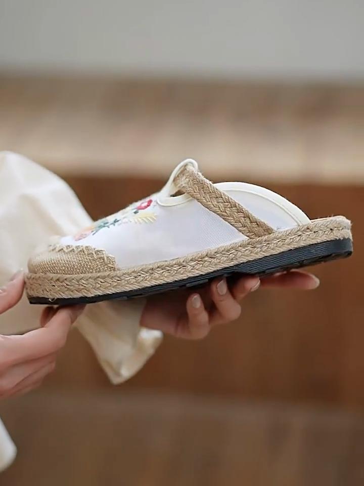 Women's Breathable Round Toe Slip-on Linen Shoes Ethnic Style Casual Patchwork Mesh Embroidered Shoes