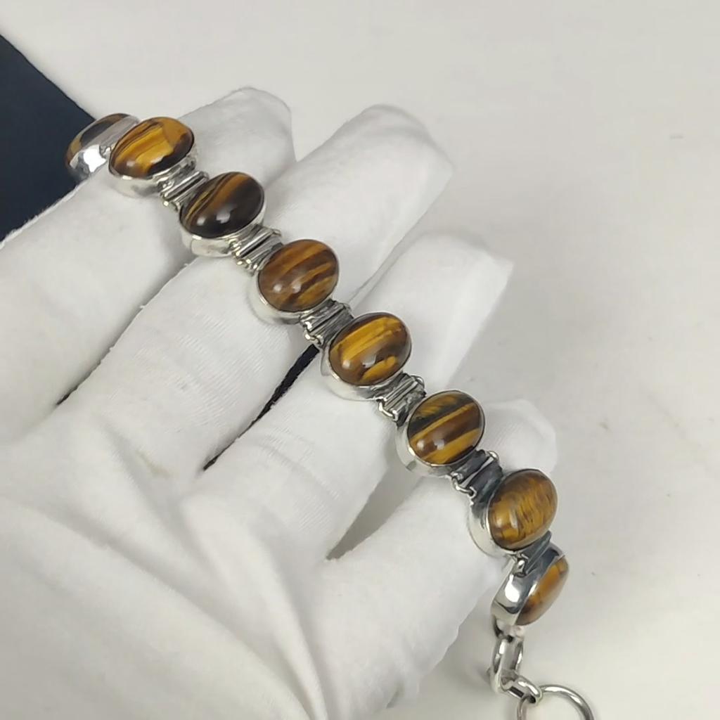Natural Tiger Eye Gemstone Handmade 925 Sterling Silver Bracelet, Tiger Eye Bracelet For Wife, Unisex Bracelet, Thanksgiving Gift
