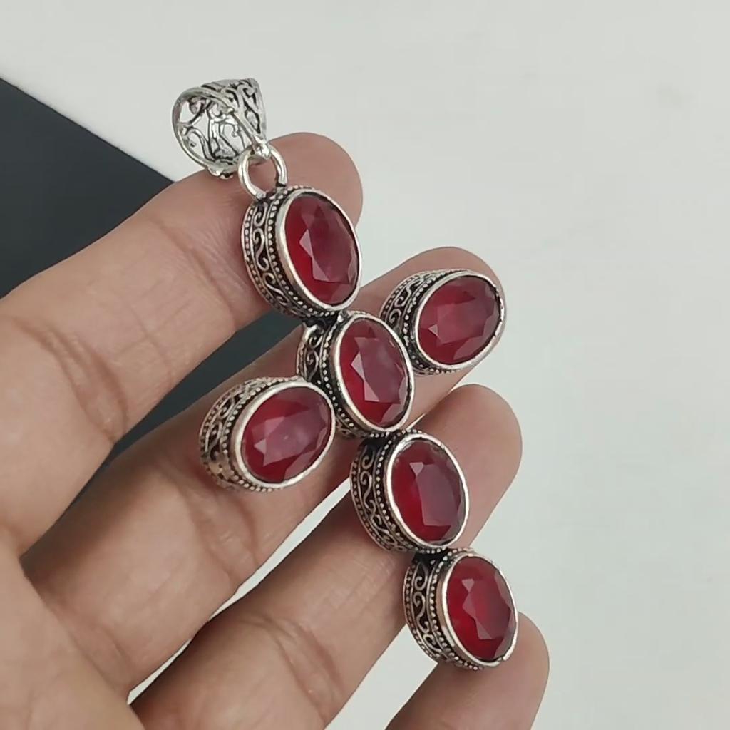 Dainty Red Ruby Gemstone Pendant 925 Sterling Silver- Handmade Cross Design, Everyday Wear Jewelry, Unique Red Ruby Pendant Wife Gifts
