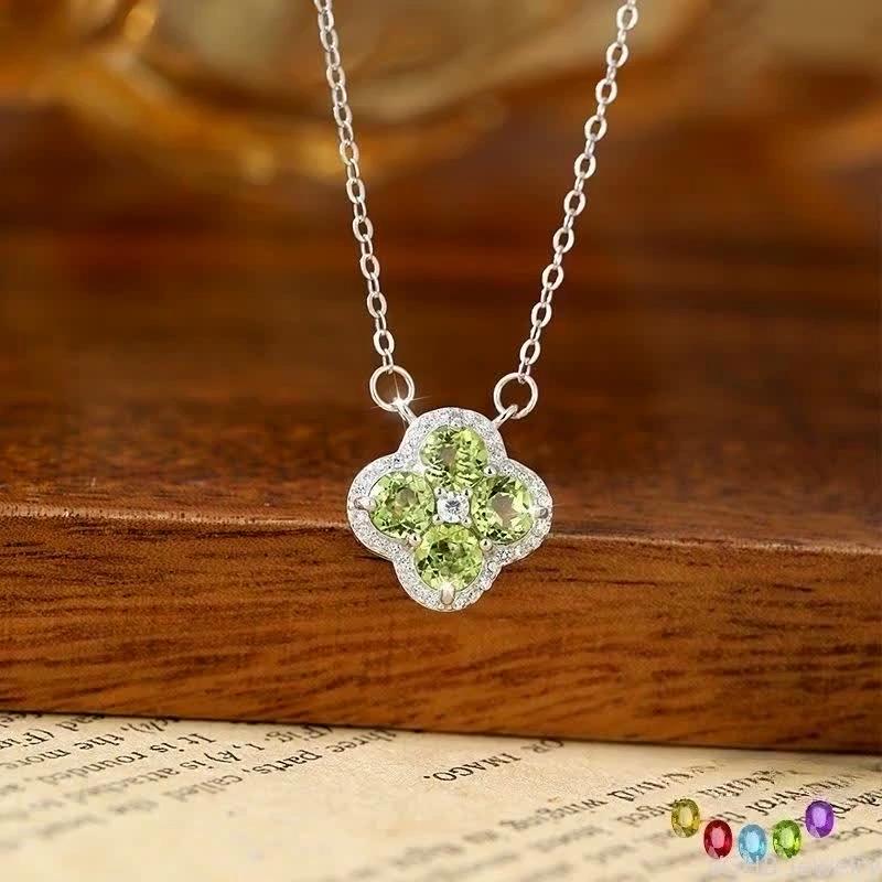 S925 Sterling Silver Natural Stone Clover Necklace Women's Simple Niche Design Heavy Industry Clavicle Chain
