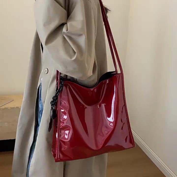 Yogodlns Solid Color Patent Leather Women Fashion Shoulder Bag Ladies Simple Luxury Handbag Purse Casual Travel Shopping Totes