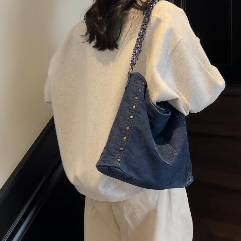 Vintage Denim Tote Bag Large Capacity Shoulder Bag Women's Chain Crossbody Bag