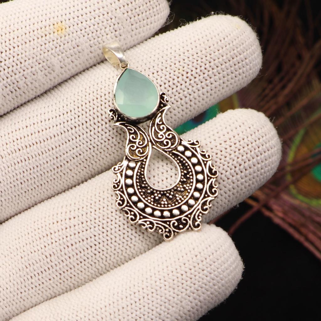 Aqua Chalcedony Gemstone 925 Sterling Silver Jewelry Partywear Pendant 1.8" For Women CP-45-20