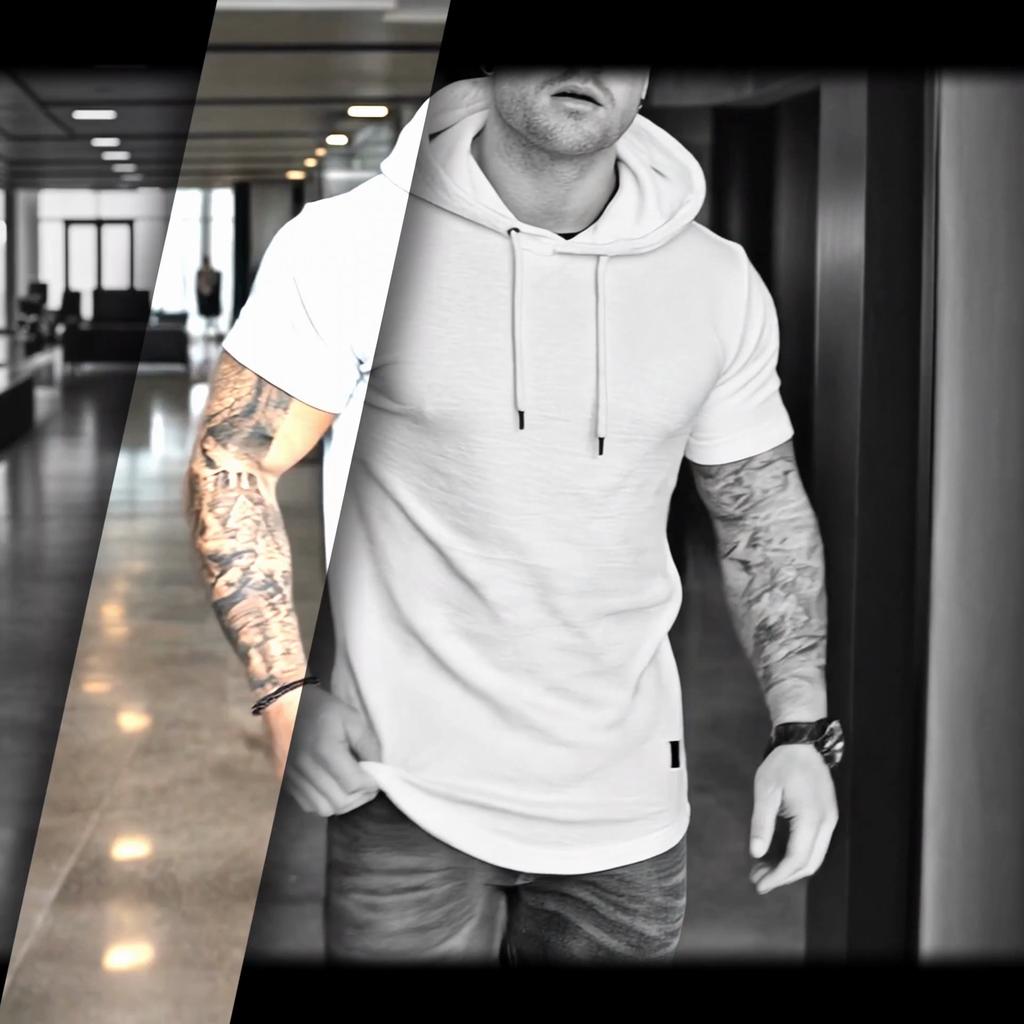 Sommermode Herren T-Shirts Kurzarm O-Ausschnitt Mit Kapuze Einfarbig T-Shirts Lässiges Workout Fitness Männliches Sport-T-Shirt