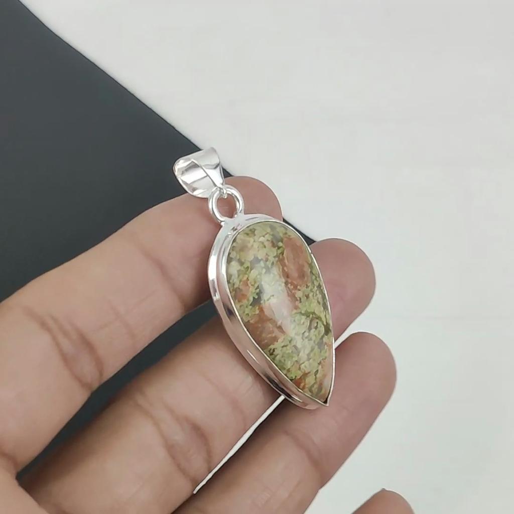 Natural Unakite Gemstone Silver Pendant in 925 Sterling Silver - Handmade Pear Design, Everyday Wear Jewelry Father's Day Gift
