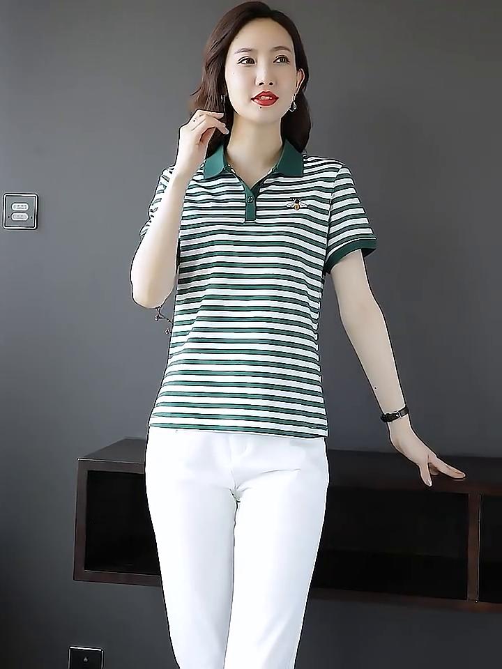 YYFS Women's Fashion Casual Summer Spring Stripe Print Short Sleeve POLO Neck Blouses & Shirts