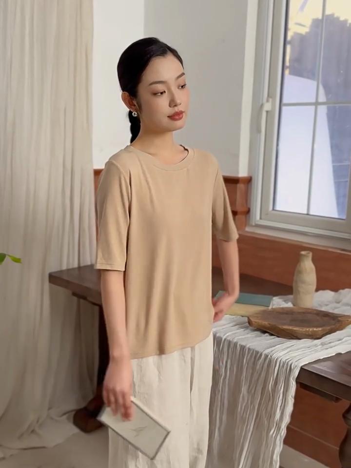 Johnature Damen Gestrickte Frühling T-Shirts Rundhals Halb Einfarbig Weiche Damen T-Shirts