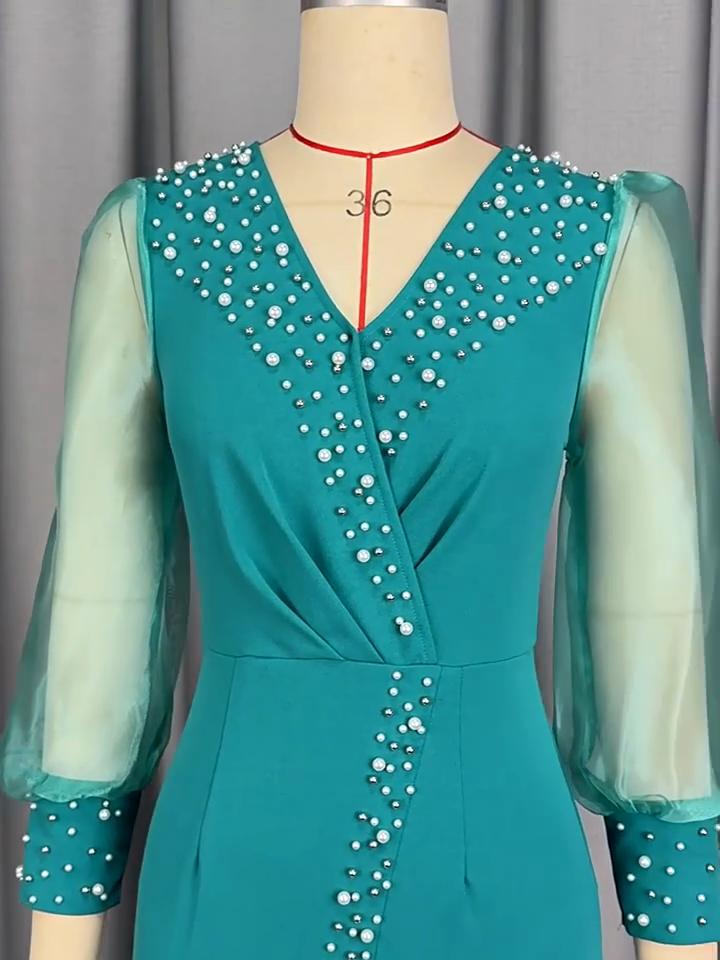 Elegant Lady Party Dresses New Style V Neck Transparent Sleeve Beaded Sheath Ankle Length Fashion Female Dinner Dress