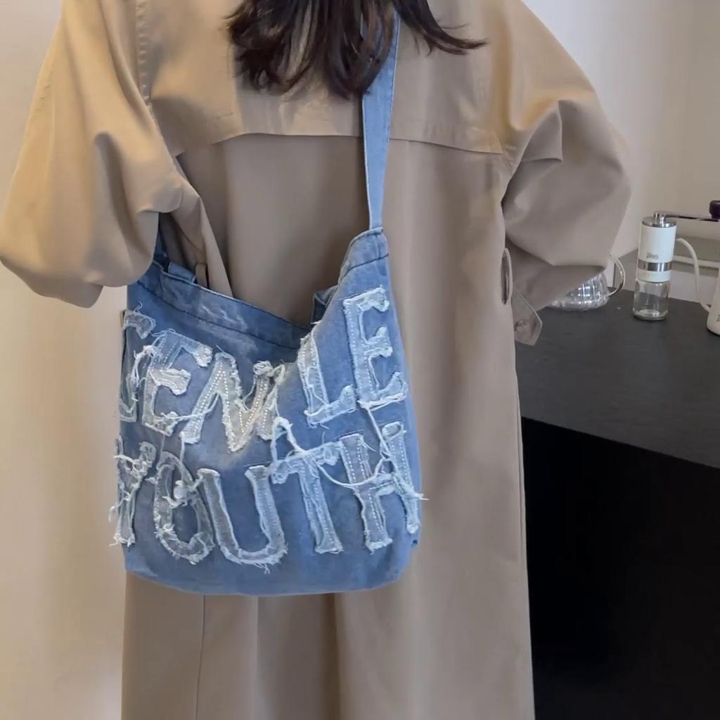 Denim Tote Bag Women Letter Shoulder Bag Large Capacity Portable Crossbody Bag