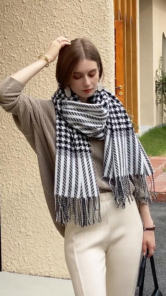New Houndstooth Imitation Cashmere Scarf Winter Warm Women's Fringed Plaid Scarf
