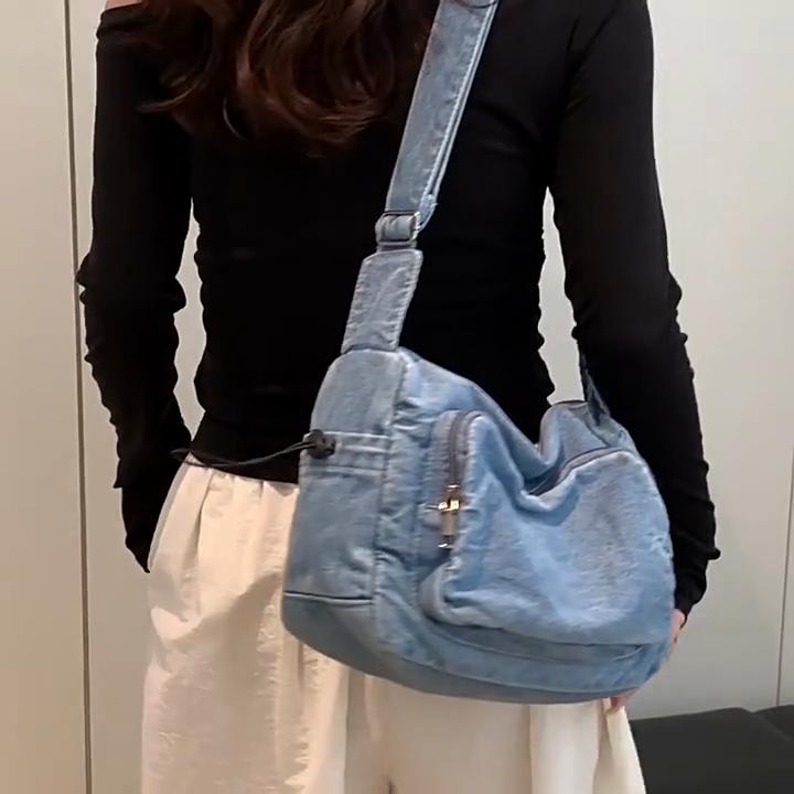 Minimally Drawstring Design Multiple Pockets Women Casual Shoulder Denim Bag For Casual Daily Use