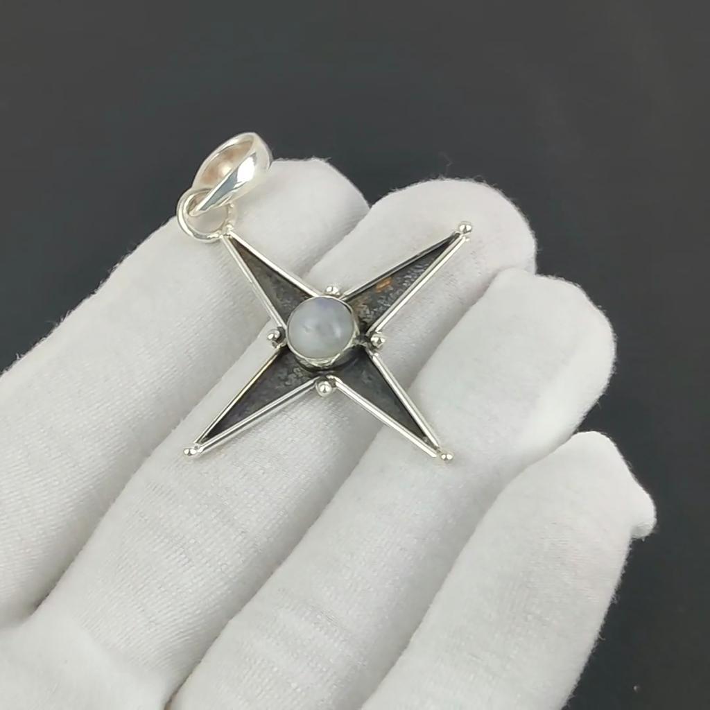 Rainbow Moonstone Gemstone Silver Pendant In 925 Sterling Silver - Handmade Star Design, Everyday Wear Jewelry, Unique Designs Pendant Gift