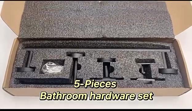 Stainless Steel Bathroom Hardware Kit, Tissue Holder, Bathrobe Hook, Towel Rod, Black Silver Five Piece Set