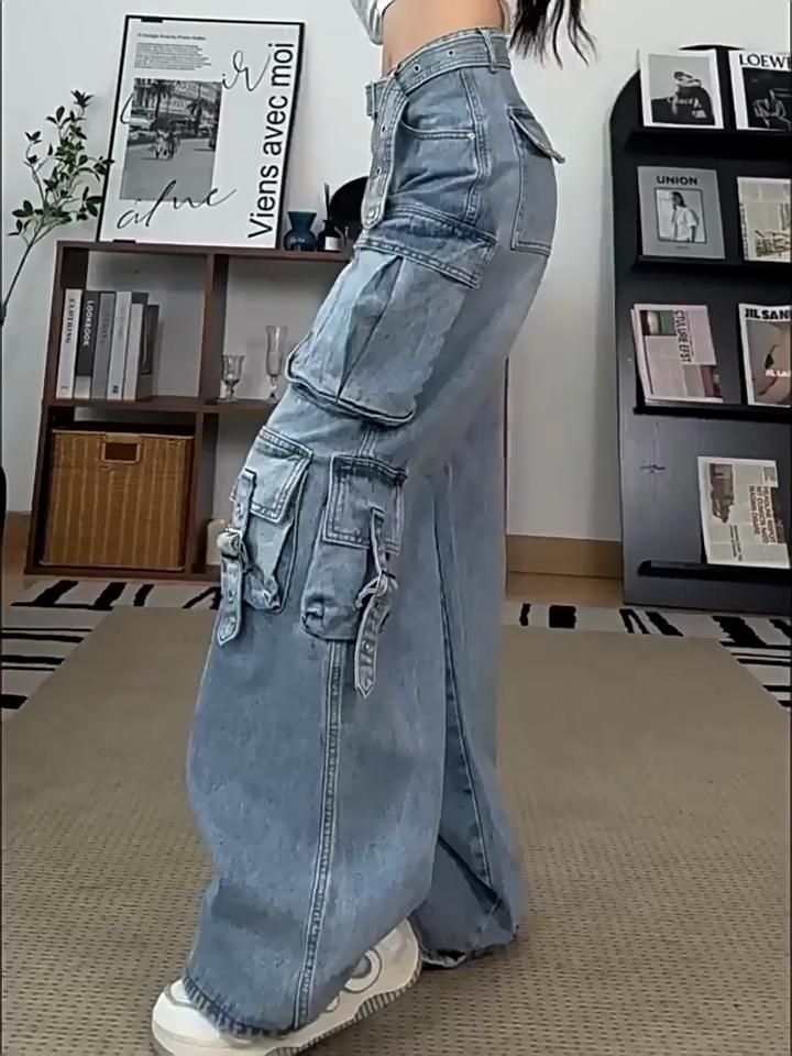 Jeans cargo da donna Pantaloni cargo larghi stile street americano da donna Jeans blu multitasche a gamba larga da donna