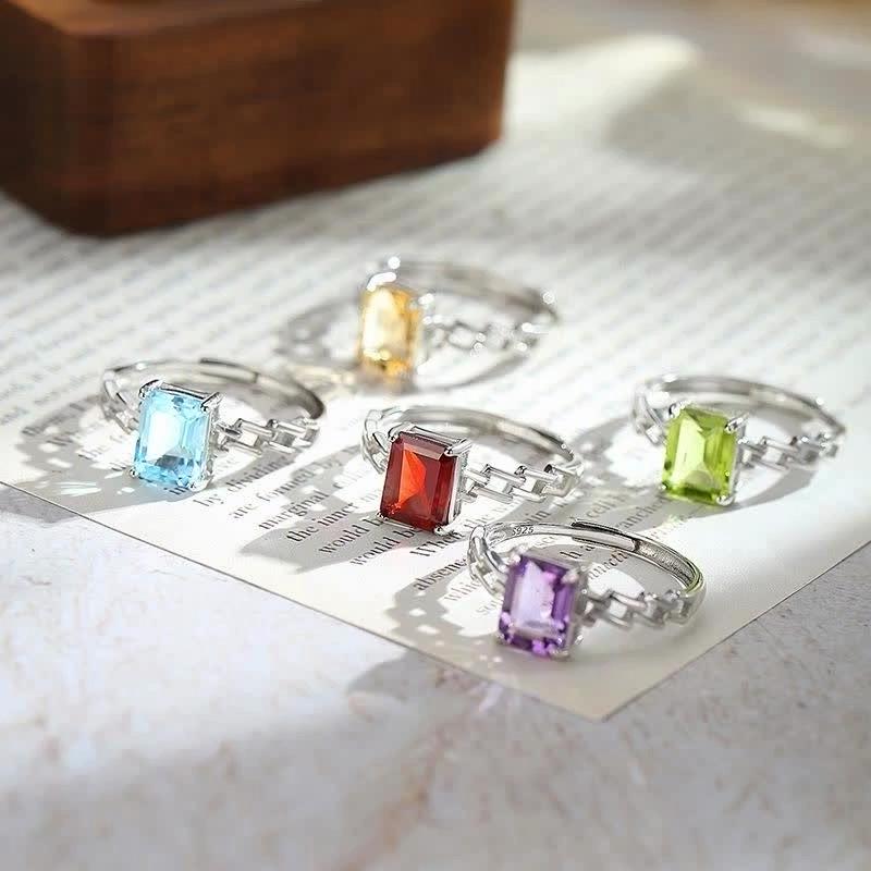 S925 Silver 6*8 Crystal Open Ring, Multiple Colors, Adjustable European Style Band, Daily Jewelry Gift for Women