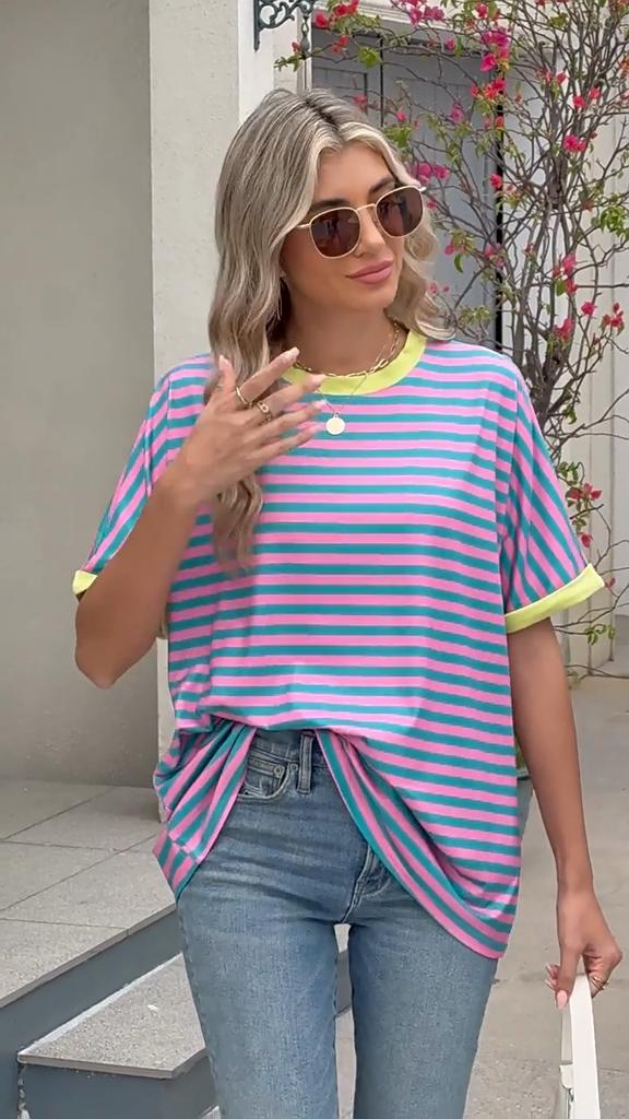 YYFS Camicette e camicie con scollo a maniche corte, stampa a righe, primavera estate, moda casual da donna