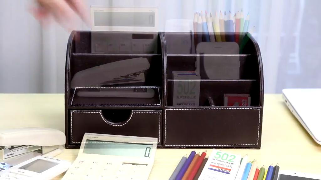 Organizador de escritorio - Caja de almacenamiento multifuncional de cuero para portalápices de escritorio - Soporte para tarjetas de visita/bolígrafo/lápiz/teléfono móvil/papelería