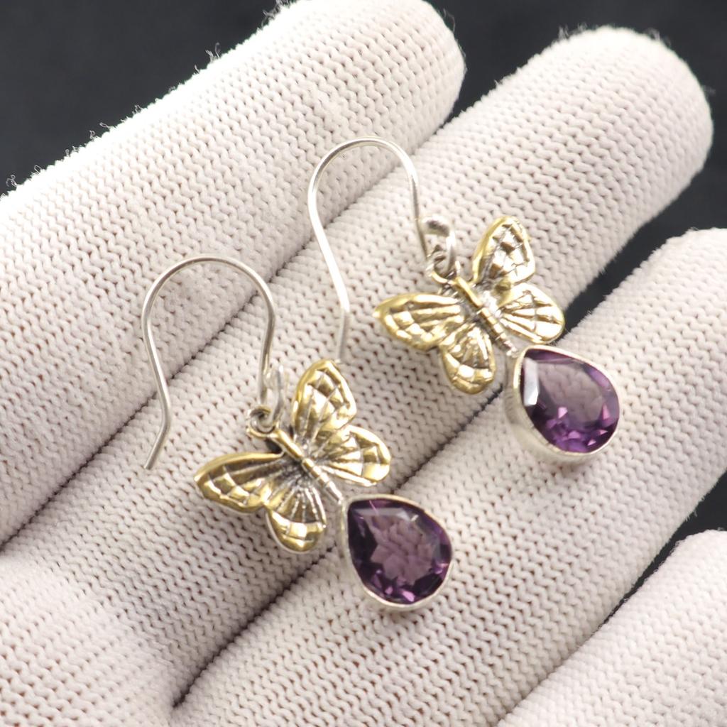 Orecchini Pendenti Fatti a Mano in Argento Sterling 925 con Pietra di Ametista Naturale 1,3" EE-155-3