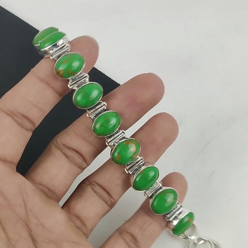 Natürlicher grüner Kupfer Türkis Edelstein Handarbeit 925 Sterling Silber Armband, Grünes Kupfer Türkis Armband für Frau, Unisex Armband Geschenk