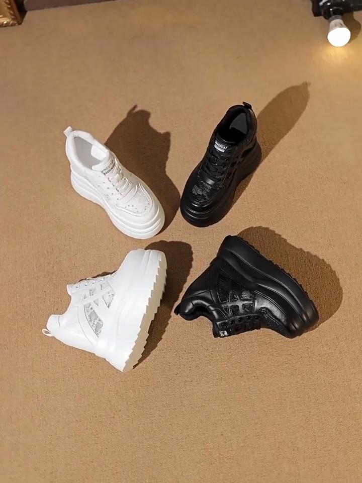 13cm Height Increasing Shoes Women Genuine Leather Sneakers Fashion Ladies Platform Sneakers Breathable Mesh Casual Shoes Black White