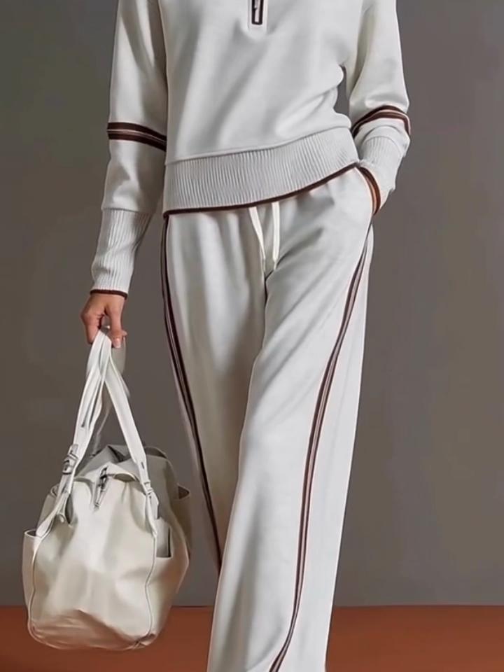 Women Two Piece Tracksuit Set Half Zip Stand Collar Sweatshirt Drawstring Wide Leg Pants Contrast Stripe Casual Sportswear
