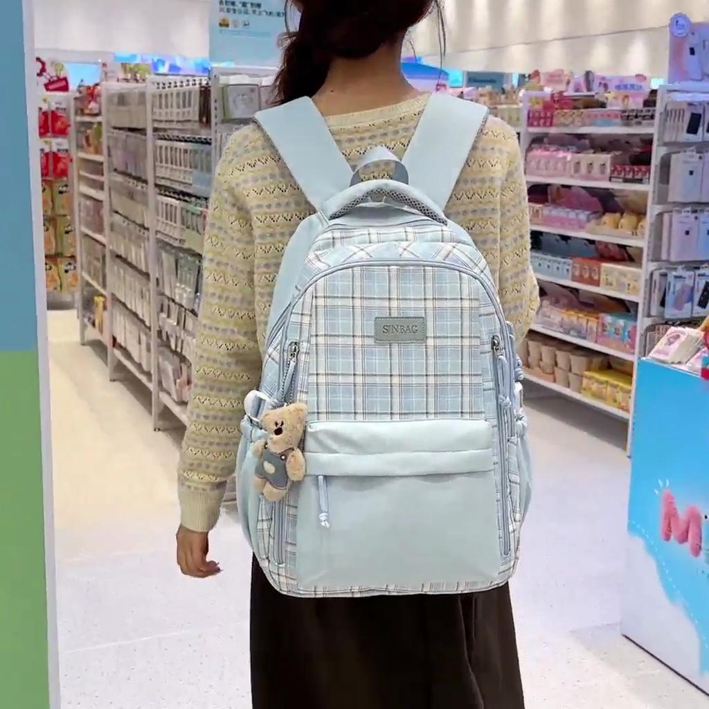 Nylon karierter Rucksack Damen Mode lässige Schultasche Leichter Reise Rucksack mit mehreren Taschen