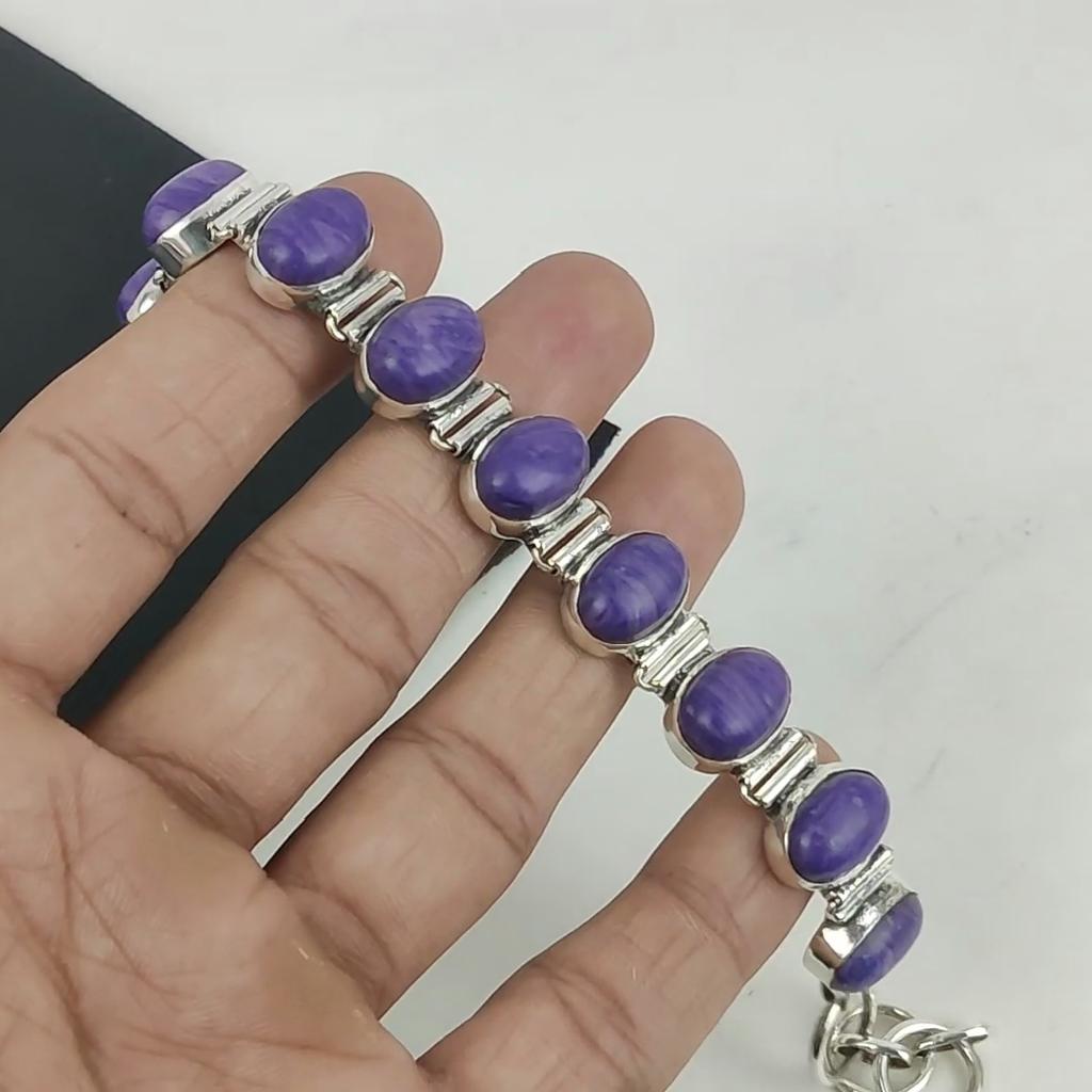 Brățară Handmade din Argint Sterling 925 cu Piatră Prețioasă Naturală de Charoit, Brățară Charoit pentru Soție, Brățară Unisex Cadou de Ziua Tatălui